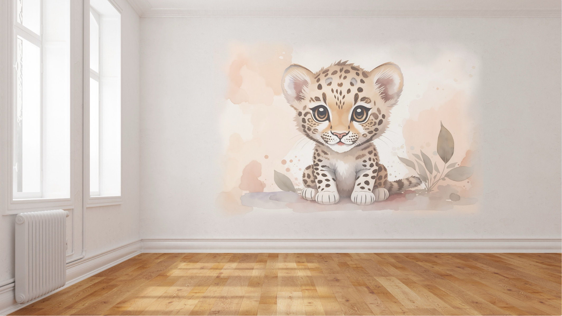 Nachher - Kinderzimmer Leoparden-Motiv Wanddruck Kinderzimmer Leopard Aquarell Babyzimmer Wandgestaltung Schweiz